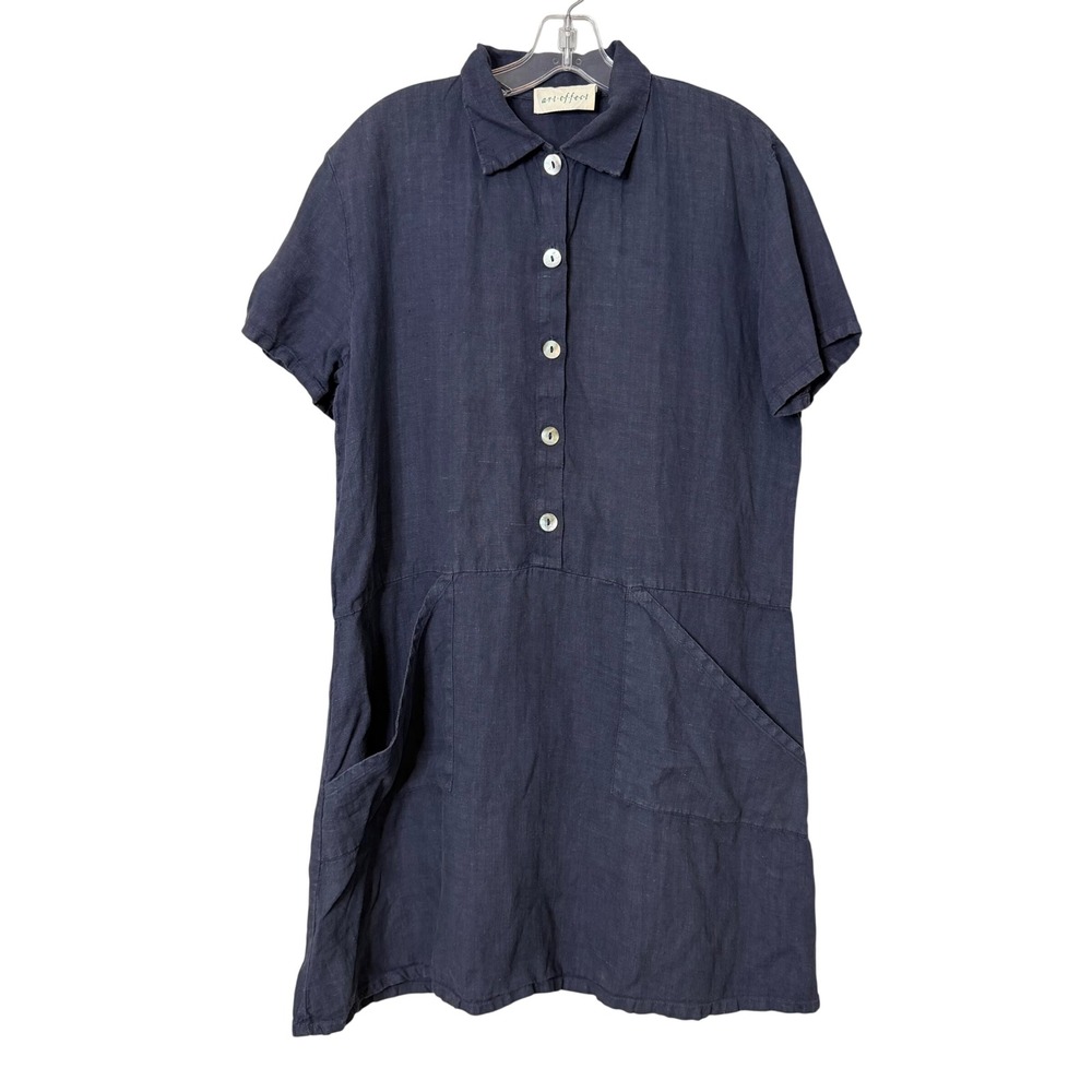 Art Effect Shirt Dress Women S/M Navy Blue Linen Short Sleeve Pocket Lagenlook
